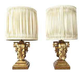 James Mont Carved Giltwood Table Lamps, Pr