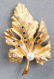 18K Yellow Gold Pearl Diamond & Sapphire Brooch
