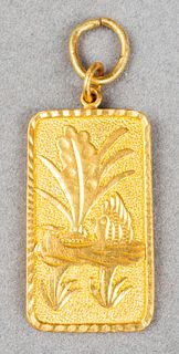 Vintage Chinese 24K Fine Gold Carved Bar Pendant