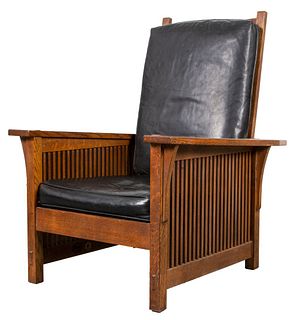 Stickley Manner Oak And Black Leather Armchair