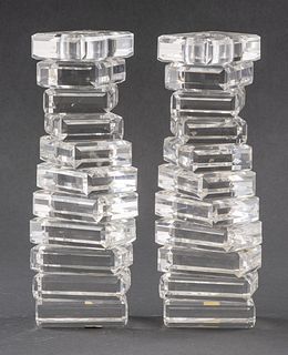 Modern Crystal Glass Candlesticks, Pair