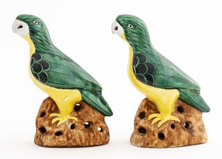 Chinese Green Parakeet Porcelain Figurines, Pr