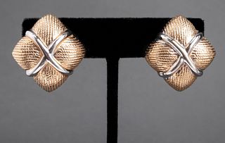 14K Yellow & White Gold "X" Square Earrings