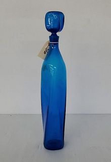 Unusual Shaped Blue Glass Blown Bottle w/ Stopper