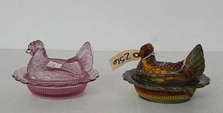 Rose Colored & Striped Slag Hen in Nest Dishes