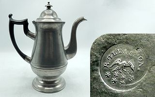 Pewter Coffeepot with Rare Early Eagle Touch of Roswell Gleason