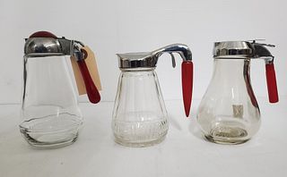 (3) 1950's Syrup Pitchers w/ Red Bakelite Handles