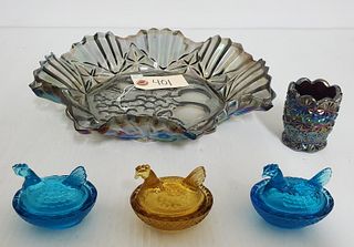 (3)Small Hens in Nests, (2)Iridescent Glass Pieces