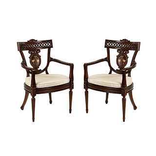 (2) Pair of Maitland-Smith Empire Style Carved Arm Chairs