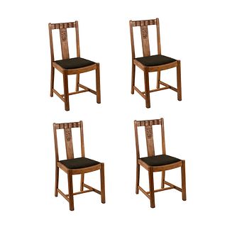 (4) Set of Arts and Crafts Oak Carved Dining Chairs
