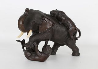 Japanese, Signed Bronze of Elephant & Tigers