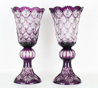 (2) Large Purple Cut Glass Vases