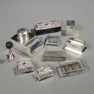 Six English Sterling Silver Stamp Boxes, Applicators, and Dispensers