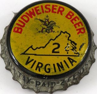 1945 Budweiser Beer ~VA 2¢ Tax Cork Backed crown Saint Louis, Missouri