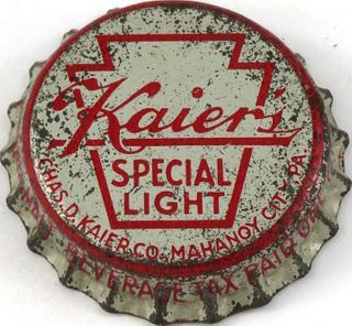 1953 Kaier's Special Light Beer ~PA Tax Cork Backed crown Mahanoy City, Pennsylvania
