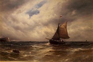 Gustave de Breanski (British 1856-1898)  Fishing Boat off the Harbor Wall