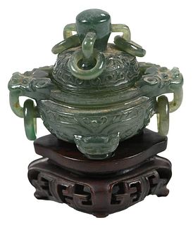 A Small Chinese Carved Green Jade or Hardstone Censer