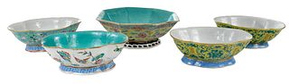 Five Chinese Enameled Porcelain Footed Bowls