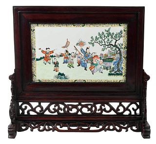 Chinese Porcelain Plaque and Hardwood Table Screen