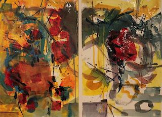 Mary Ann Flynn Flouse (American 20th c.) Diptych.  Abstract in reds, orange, golds and greens.