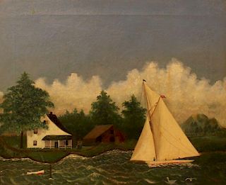W. Rigby (American, 20thc.) Sailing past the cabin in the woods