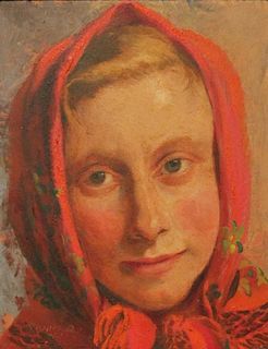 20thc. Hungarian School, Portrait of a Woman with a Red Scarf