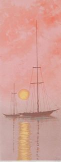 Richard Florsheim (American 1916-1979) Silhouette. Pink sailboats in sunset