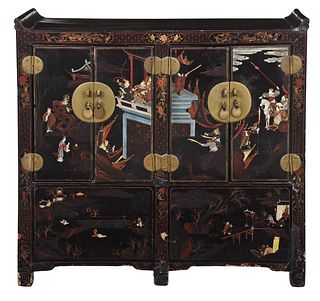 Chinese Black Lacquered and Polychromed Cabinet