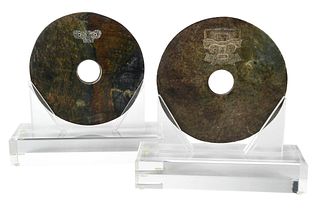 Two Carved Hardstone or Jade Bi Discs 