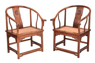 Pair Chinese Carved Figured Horseshoe Back Armchairs