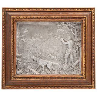 Escena de cacería. Origen europeo, Ca. 1909 Alto relieve en placa de metal. 31 x 38 cm