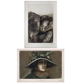 JULIO CHICO, a) Amazona b) Pensamiento, Signed and dated 79, Engravings 3/25 and 7/50, 7.8 x 5.1" (20 x 13) and 5.1 x 7.8" (13 x 20 cm) Pieces: 2  | J