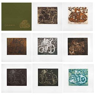 GILBERTO ACEVES NAVARRO, Bicicletas, 2009, Signed, Etchings and aquatint P/I. 13.2 x 14.1 x 0.39" (33.7 x 36 x 1 cm) binder, Artist's book | GILBERTO 
