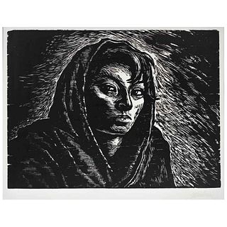 LEOPOLDO MÉNDEZ, Soledad, from the movie El rebozo de Soledad, 1959, Signed, Woodcut w/o print number, 12.2 x 16.5" (31 x 42 cm) image/ 13.3 x 17.3" (