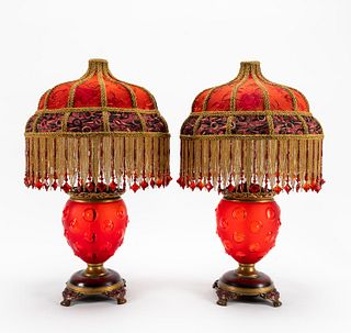 PR. KATHLEEN CAID RUBY GLASS LAMPS, BEADED SHADES