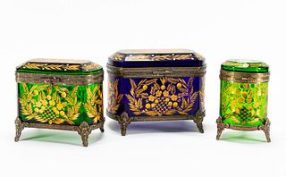 BRONZE MOUNTED GILDED COLORED GLASS CASKETS, 3PCS