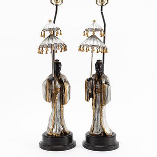 PAIR, CHINESE PAINTED & GILT FEMALE FIGURE LAMPS