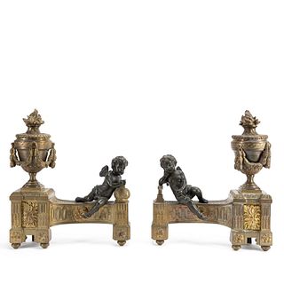 PR., NEOCLASSICAL-STYLE BRONZE CHENETS WITH PUTTI