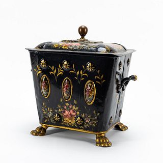 19TH C. VICTORIAN FLORAL PAINTED TOLE COAL SCUTTLE