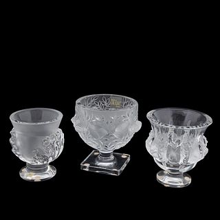 GROUP 3 LALIQUE COLORLESS FOOTED FROSTED VASES