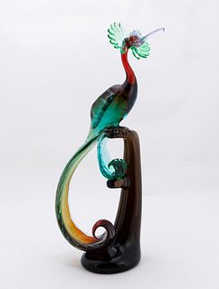 LARGE MURANO ART GLASS PEACOCK ON PERCH