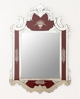 VENETIAN STYLE FLORAL ETCHED MIRROR W/RED PANELS