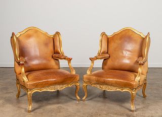 PAIR, ROCOCO-STYLE LEATHER CONFESSIONAL BERGERES