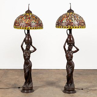 PR., FIGURAL FLOOR LAMPS WITH TIFFANY-STYLE SHADES