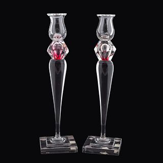 PAIR OF TALL CRYSTAL CANDLESTICKS, CLEAR & RED