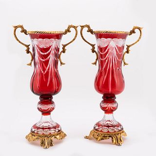PAIR OF TALL CRANBERRY CUT TO CLEAR GLASS URNS