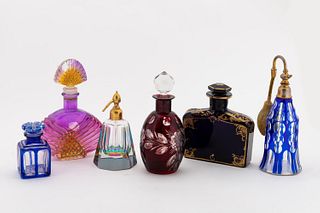6 CUT AND MOLDED COLORFUL GLASS PERFUME BOTTLES