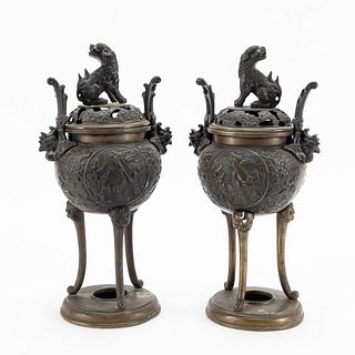 PAIR, CHINESE BRONZE LIDDED GUARDIAN LION CENSERS