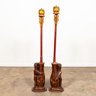 PR., CHINESE CARVED FIGURAL FLOOR CANDLE BEARERS