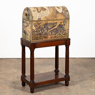 TAPESTRY COVERED DOME CHEST ON TURNED STAND